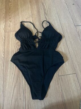 Black One-Piece Swimsuit with Lace-Up Front